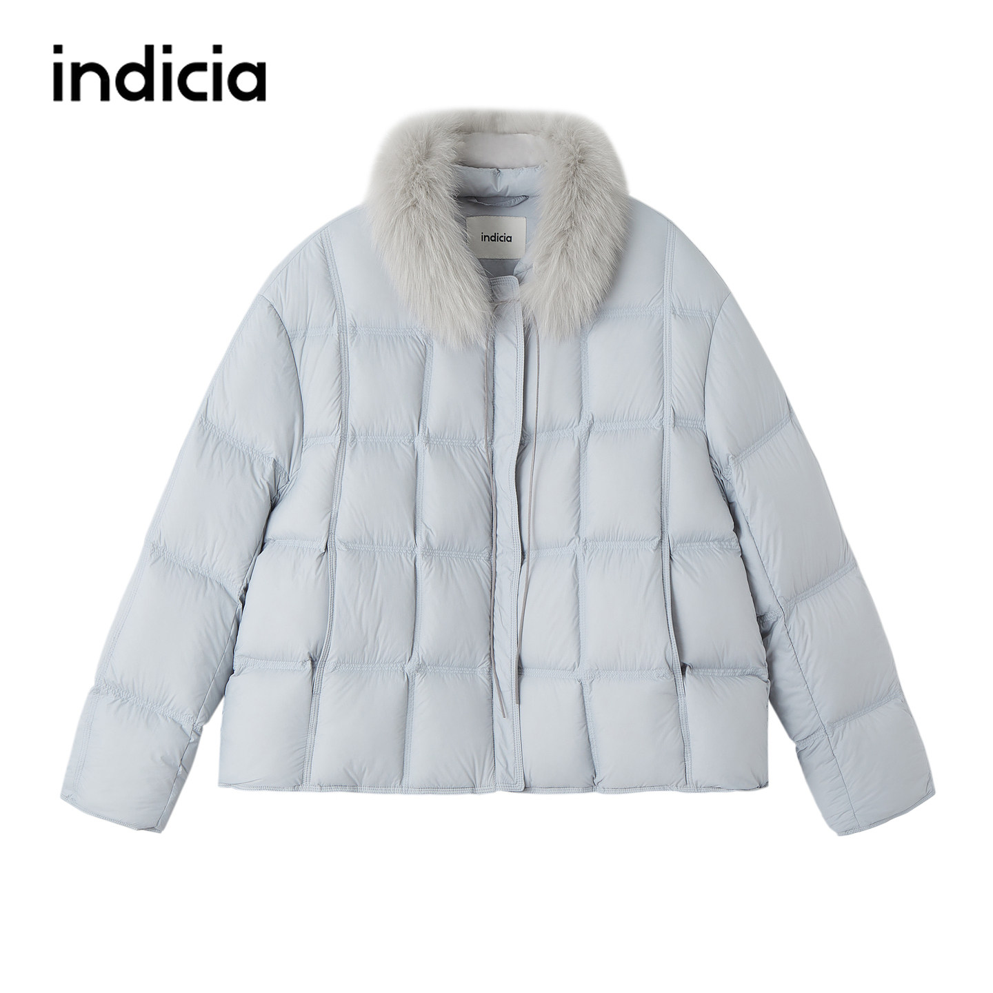 indicia标记商场同款羽绒服蓝色格子外套毛领2026冬季新款女装