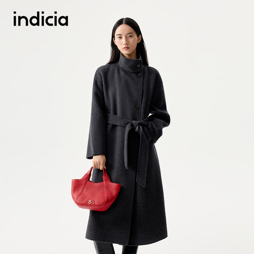 indicia标记商场同款冬季深灰色中长款收腰气质毛呢大衣L2D5DY231