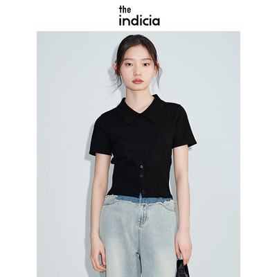 标记针织衫短袖t恤女黑色修身