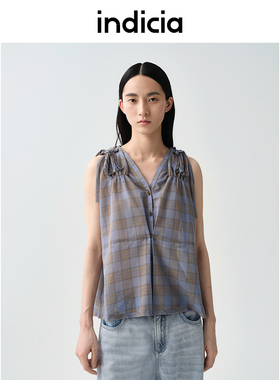 indicia标记商场同款25夏新款清新格纹无袖褶皱衬衫F2B5CS184F