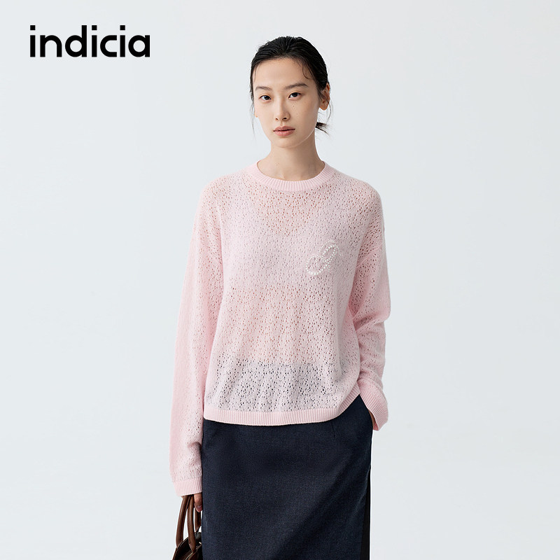 indicia标记商场同款2026春季新款女装粉色羊绒针织衫薄款上衣女
