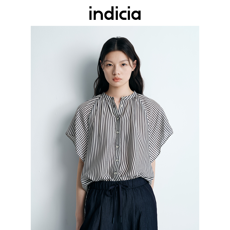 indicia标记25夏新款桑蚕丝文艺条纹小立领衬衫上衣女 F2B5CS173F