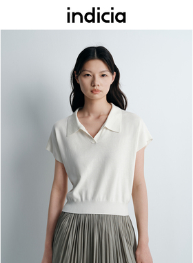 indicia标记桑蚕丝棉针织衫白色气质女装翻领短袖夏上衣L2B5ZZ079