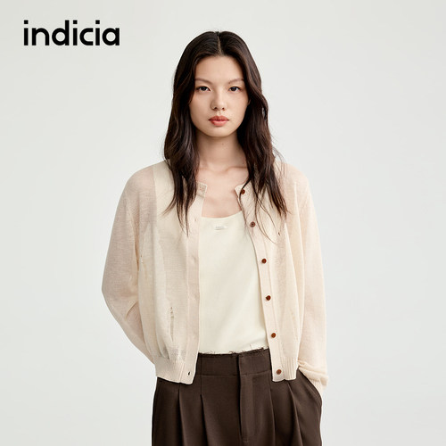 indicia标记商场同款25秋新款磨破杏色韩版宽松圆领开衫L2C5KS121