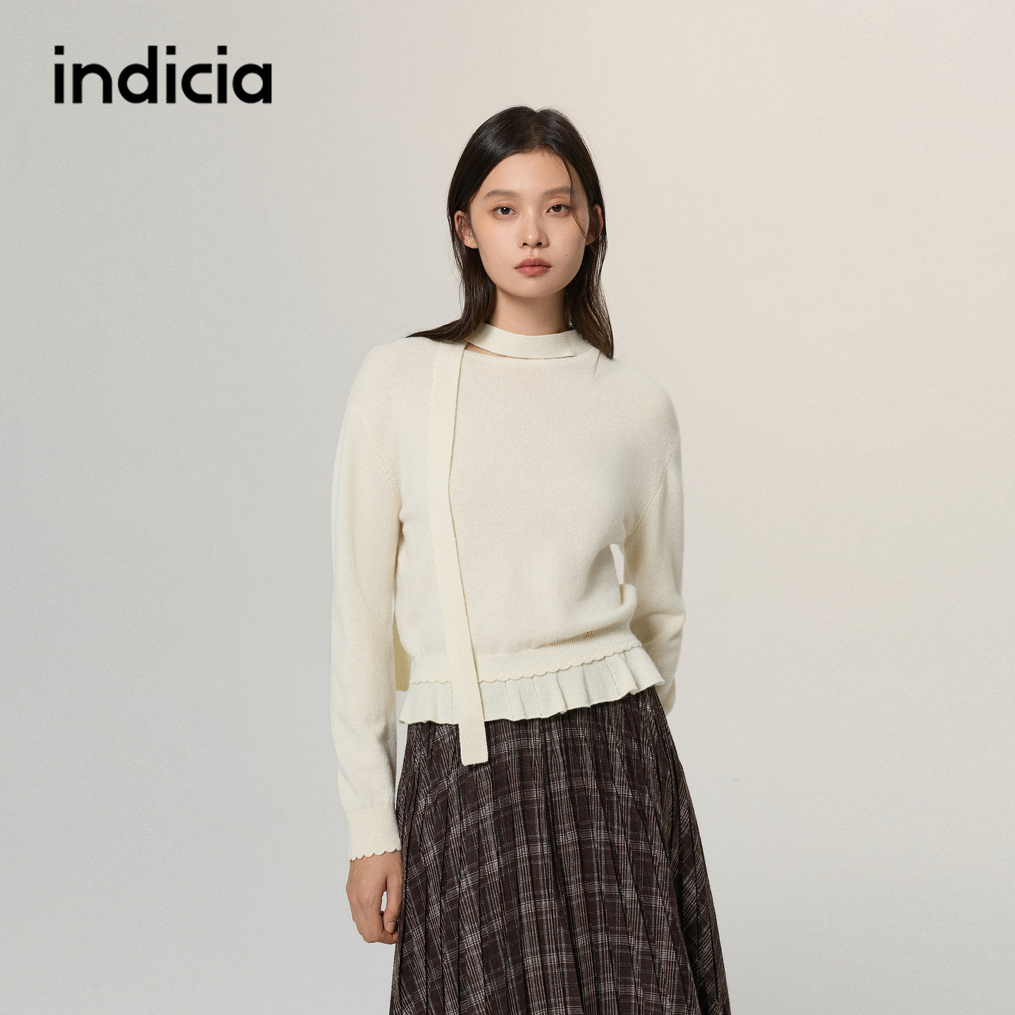 indicia标记商场同款羊毛针织衫米色毛衫上衣2026秋冬季新款女装