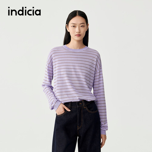 indicia标记商场同款25秋新款圆领条纹套头老钱风长袖F2C5ZZ359F
