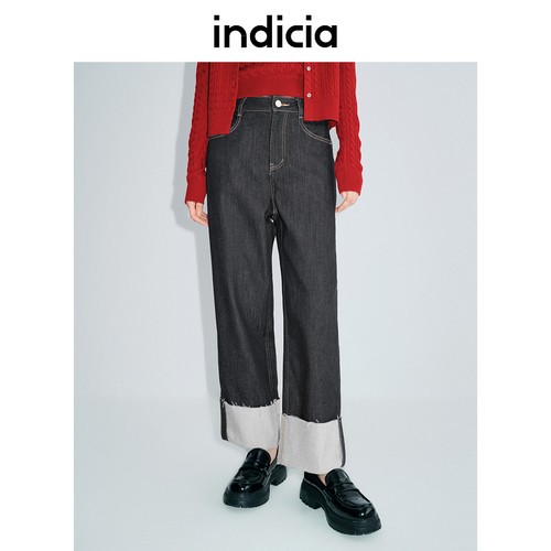 indicia标记春秋女装复古宽松磨毛翻边直筒牛仔裤显瘦L2A5NK015