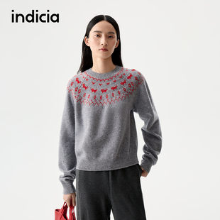 indicia标记25冬新款 费尔岛小猫提花冰岛毛衣可爱学院风L2D5MS241