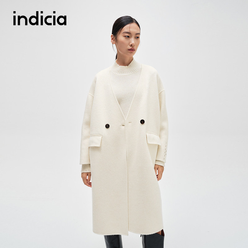 indicia标记商场同款通勤V领长款两粒扣优雅毛呢大衣F2D4DY706C
