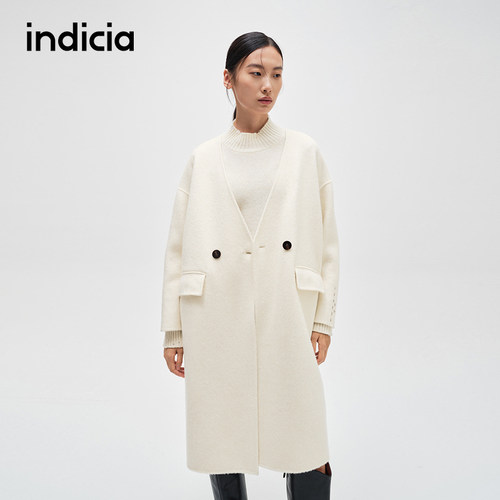 indicia标记商场同款通勤V领长款两粒扣优雅毛呢大衣F2D4DY706C