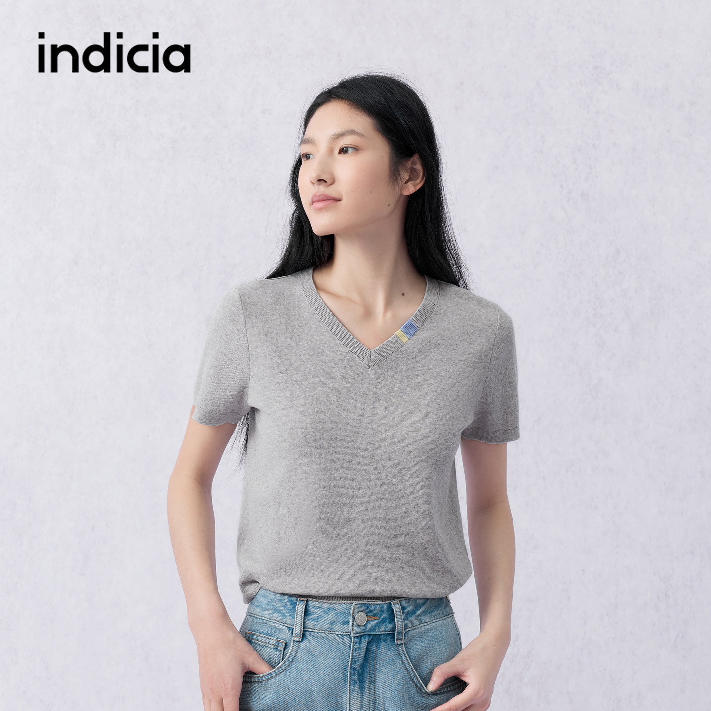 indicia标记商场同款2026夏季新款女装灰色短袖薄款针织衫女上衣