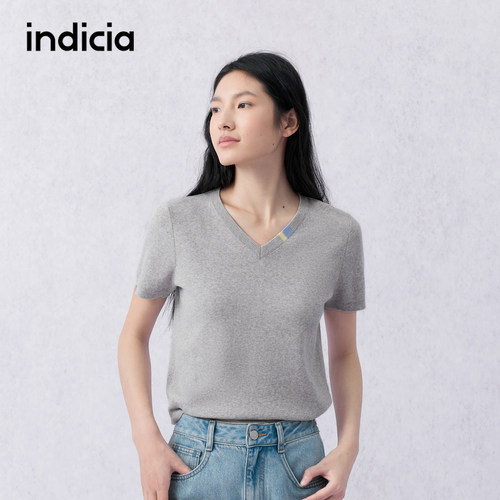 indicia标记商场同款2026夏季新款女装灰色短袖薄款针织衫女上衣