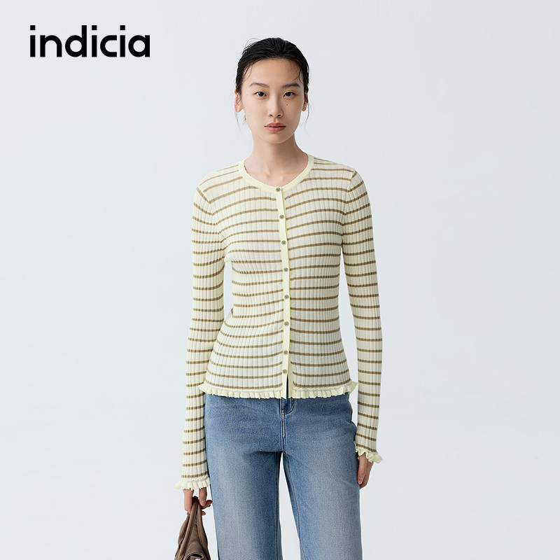 indicia标记商场同款2026春季女装黄绿条纹针织衫打底修身上衣