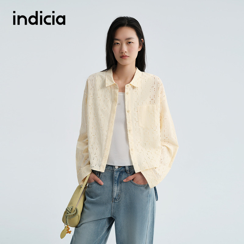 indicia标记商场同款26夏季新款黄色纯棉镂空衬衫女装F2B6CS137C