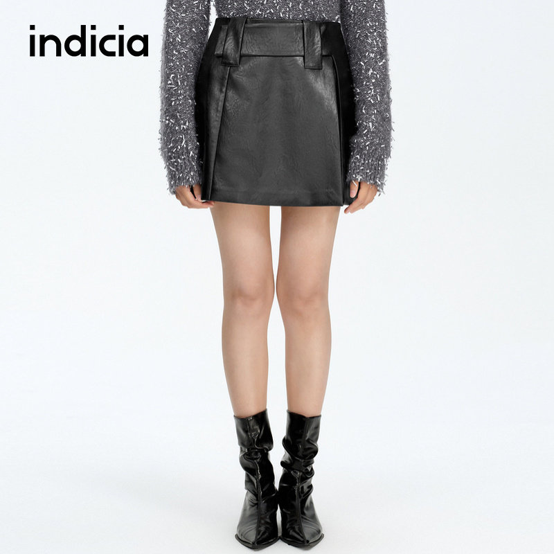 indicia标记商场同款春秋复古高腰皮裙短裙半身裙女F2A5QZ053F