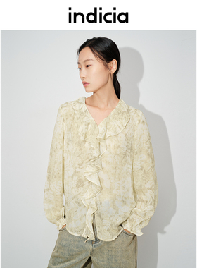 indicia标记春秋季印花雪纺衫衬衫上衣荷叶领长袖女装L2C4SY141