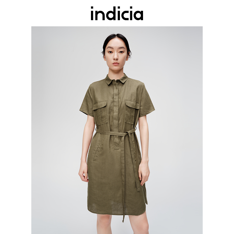 indicia标记夏季简约舒适连衣裙军绿色腰带裙子女装6B406LQ313N