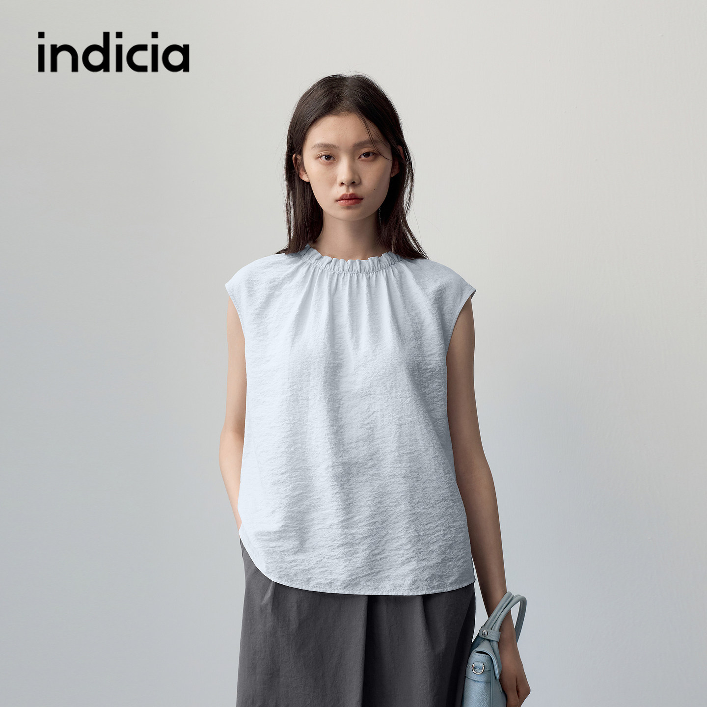 indicia标记商场同款2026夏季新款女装蓝色褶皱莫代尔小衫上衣