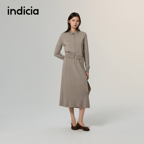 indicia标记商场同款2026冬季女装两件套针织衫半身裙卡其色套装