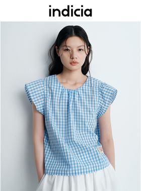 indicia标记25夏新款小飞袖蓝白格纹短上衣棉天丝小衫女L2B5SY115