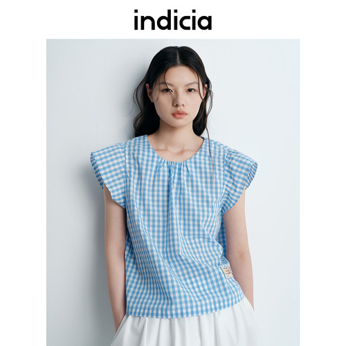 indicia标记25夏新款小飞袖蓝白格纹短上衣棉天丝小衫女L2B5SY115