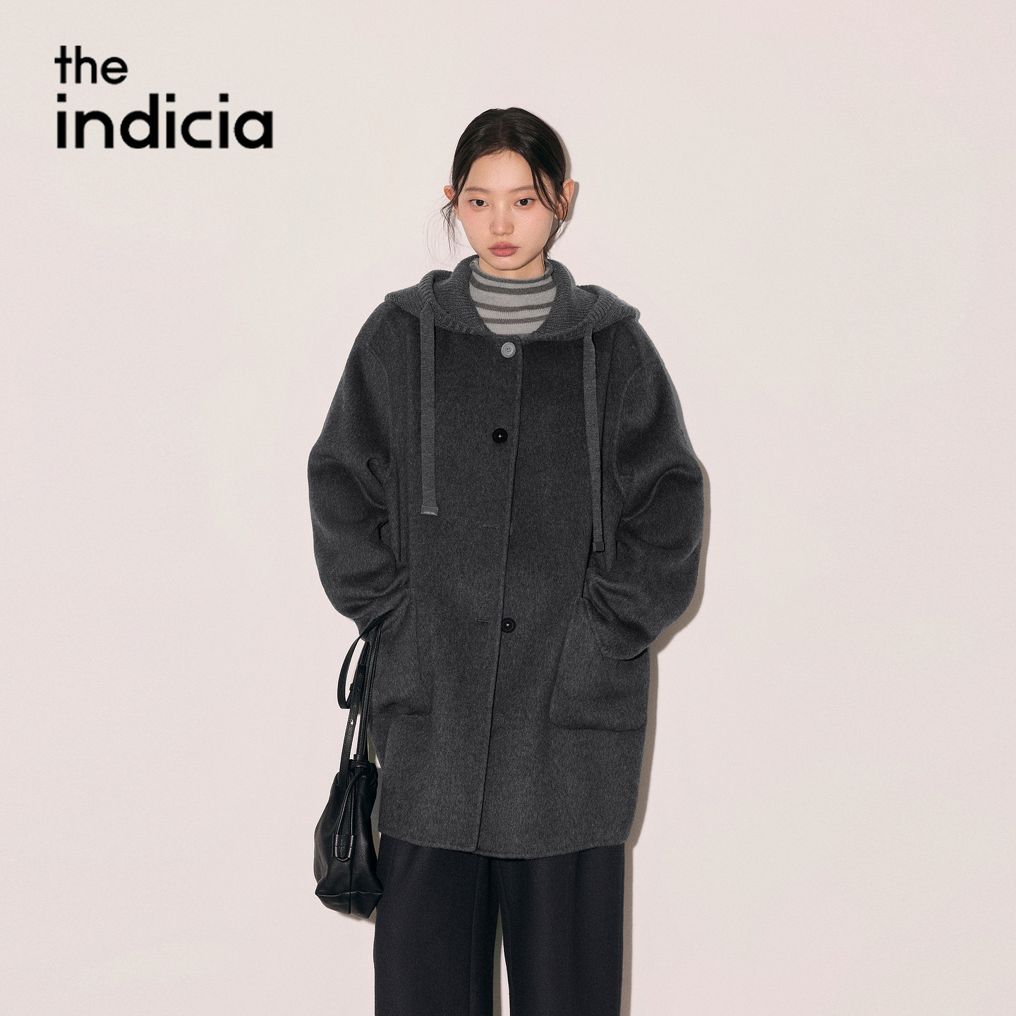 indicia标记灰色羊毛大衣连帽毛呢外套2026冬新款女装L2D6DY354Y