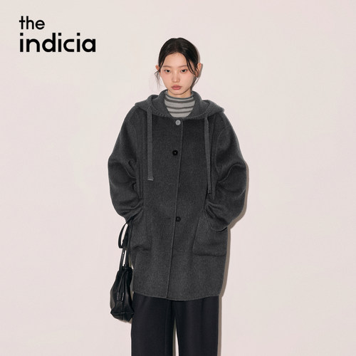 indicia标记灰色羊毛大衣连帽毛呢外套2026冬新款女装L2D6DY354Y