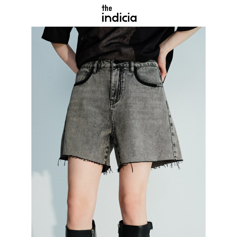 indicia夏季棉质薄款牛仔短裤毛边灰色直筒高腰休闲裤子标记女装