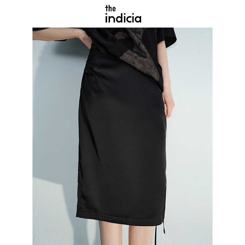 夏季抽褶缎面半裙优雅半身裙