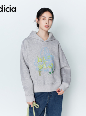 indicia标记26春季新款女装卫衣灰色休闲连帽印花上衣L2A6WY043
