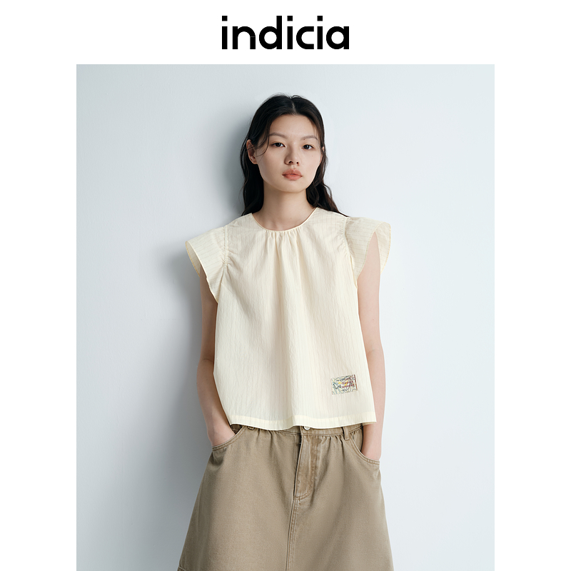 indicia标记小飞袖米色细条纹衬衫上衣25夏季新款女装L2B5SY107