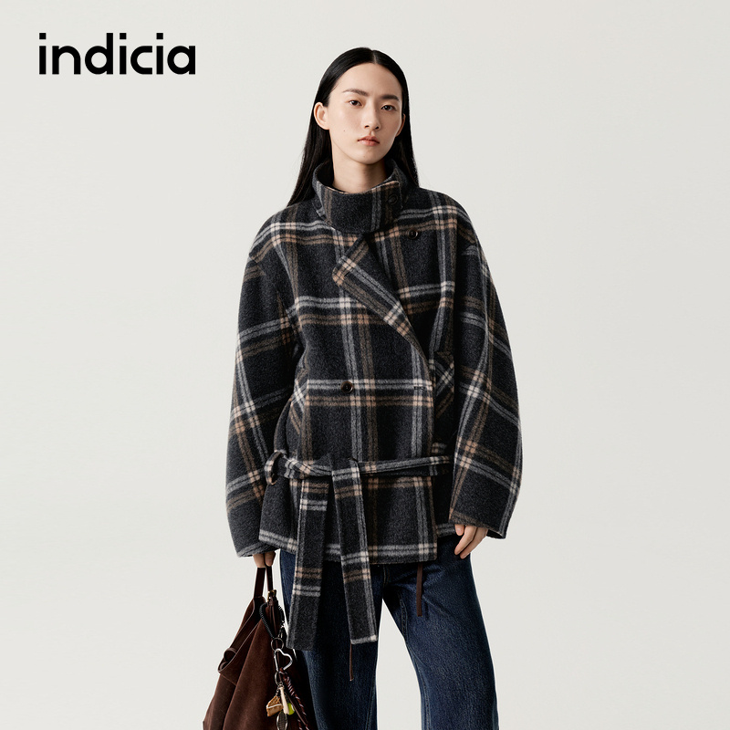 indicia标记商场同款2025冬季格纹毛呢外套羊毛大衣女F2D5DY501F