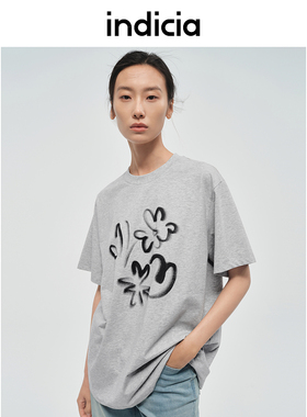 indicia标记商场同款夏款简约印花灰色T恤短袖上衣6B406TX394N