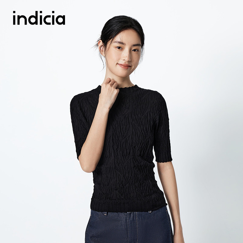 indicia标记纯棉针织衫女肌理中袖T恤上衣春秋新款女装L2C5ZZ151