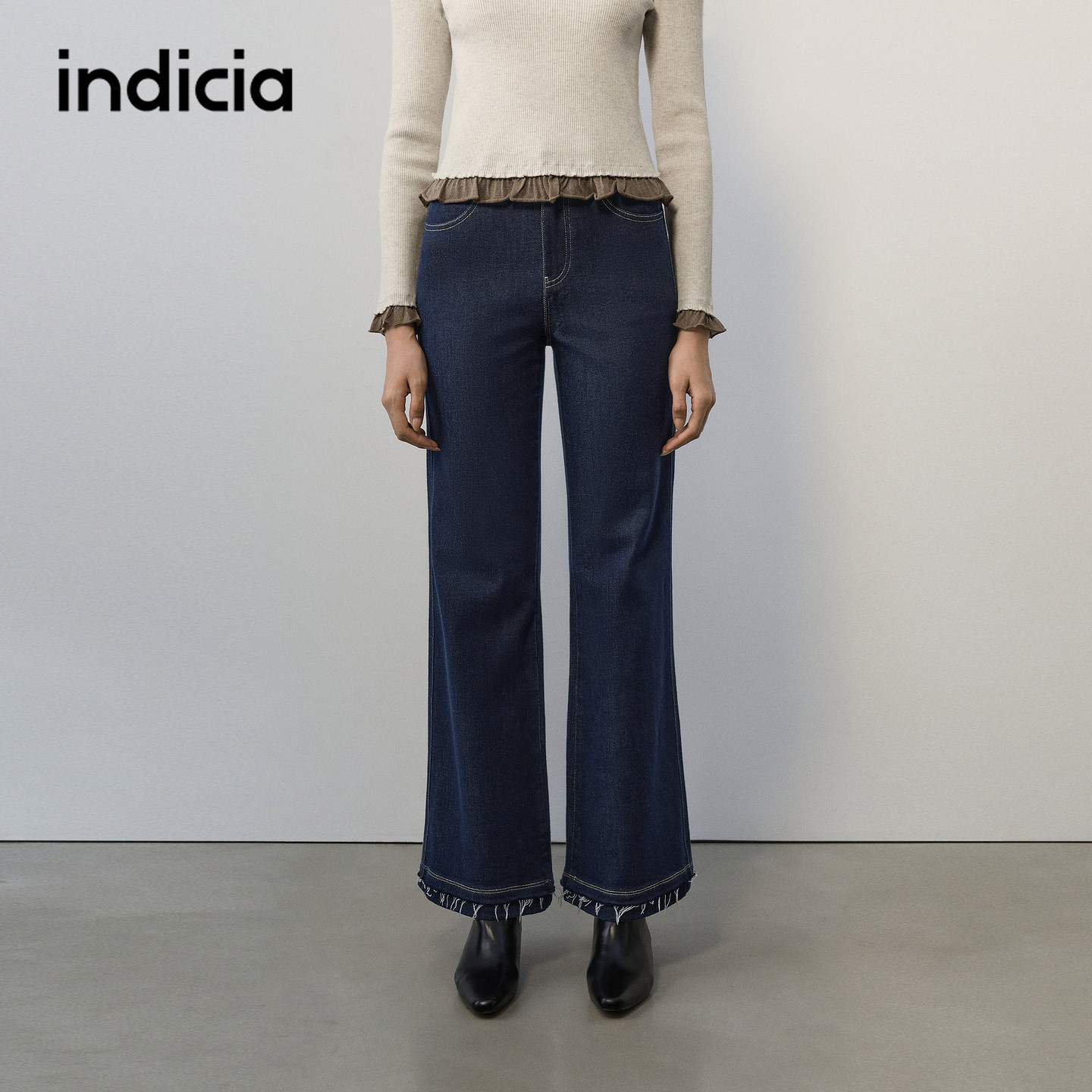 indicia标记商场同款2026秋季新款女装藏青色休闲喇叭裤牛仔裤女