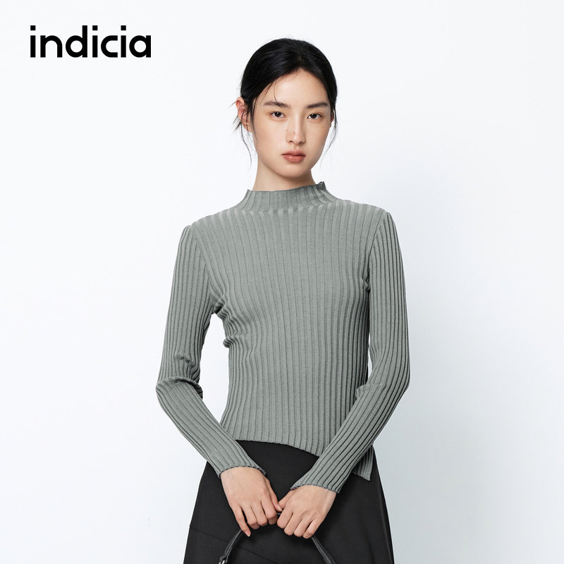 indicia标记商场同款竖条纹休闲纯色打底针织衫女春秋季时尚女装