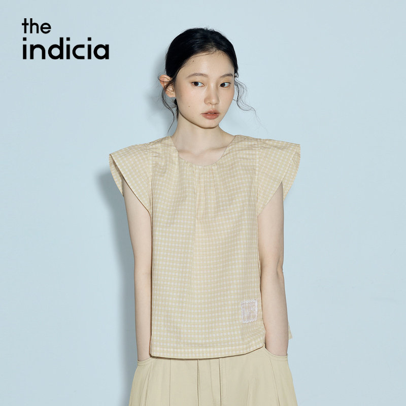 indicia标记纯棉黄色格纹小衫小飞袖上衣2026夏新款女装L2B6SY105