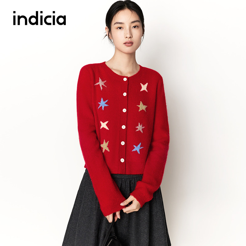 indicia标记商场同款26春季新款女装羊毛针织衫红色开衫L2A6KS020