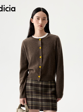 indicia标记25秋冬新款绵羊毛针织衫女咖色圆领开衫女装L2D5KS240