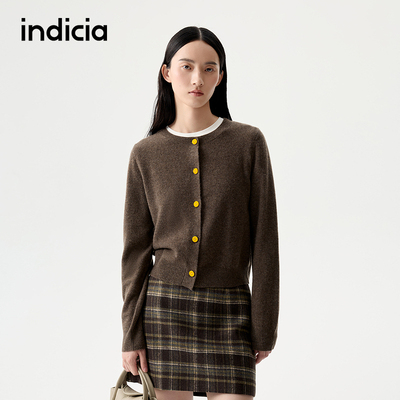 indicia标记25秋冬新款绵羊毛针织衫女咖色圆领开衫女装L2D5KS240