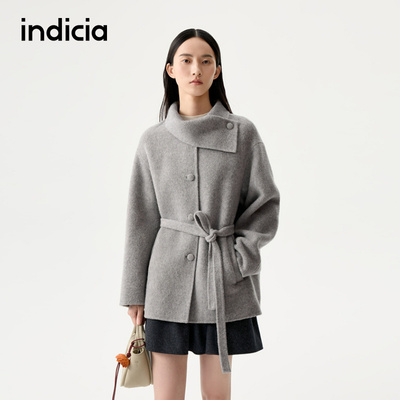 indicia标记25冬新款羊毛小个子茧型不对称翻领毛呢大衣外套女装