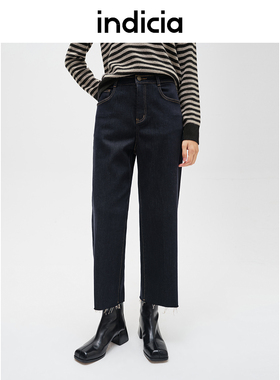 indicia标记商场同款秋冬季牛仔裤直筒复古深蓝长裤女F2D4NK811N