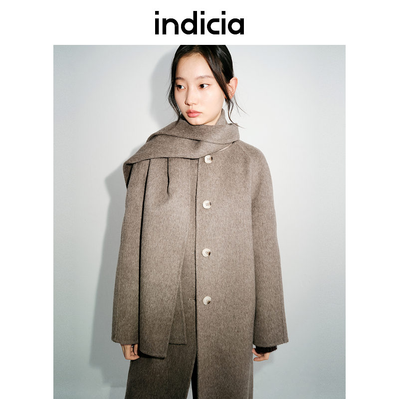 indicia标记24冬100%绵羊毛休闲一片式围巾领呢子大衣L2D4DY210