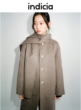 indicia标记女装冬100%绵羊毛休闲一片式围巾领呢子大衣L2D4DY210