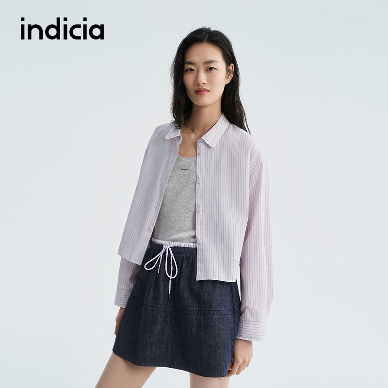 indicia标记商场同款2026夏季新款紫色纯棉衬衫竖条纹上衣女装