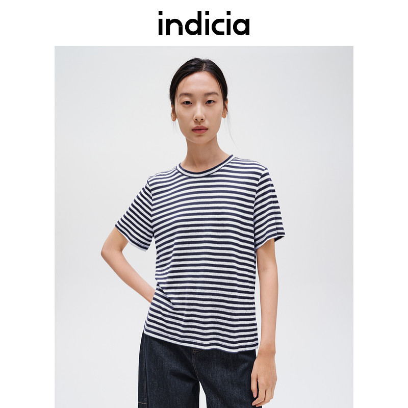 indicia标记商场同款夏季亚麻条纹T恤短袖上衣女装F2C4TX410N