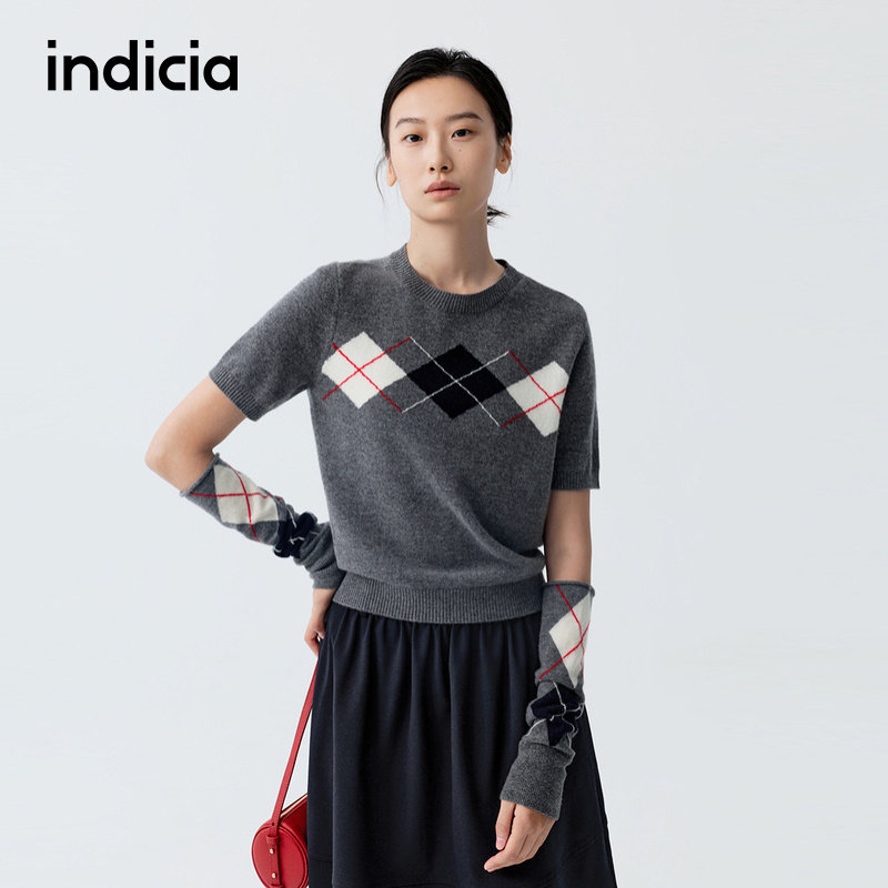 indicia标记商场同款26春季新款女装羊毛圆领针织衫灰色上衣