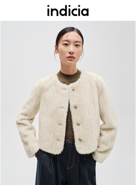 indicia标记商场同款毛绒质感圆领气质短外套冬季女装F2D4WT822C