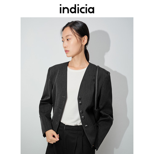 indicia标记女装秋格雷系穿搭v领短款西服设计感通勤L2C4WT135