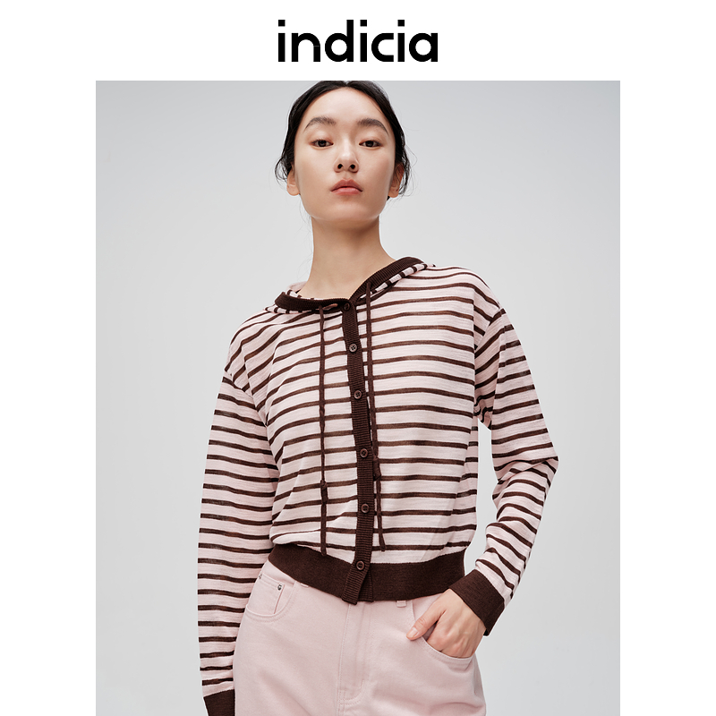 indicia标记商场同款2024夏休闲撞色粉黑条纹连帽开衫6B404KS217C